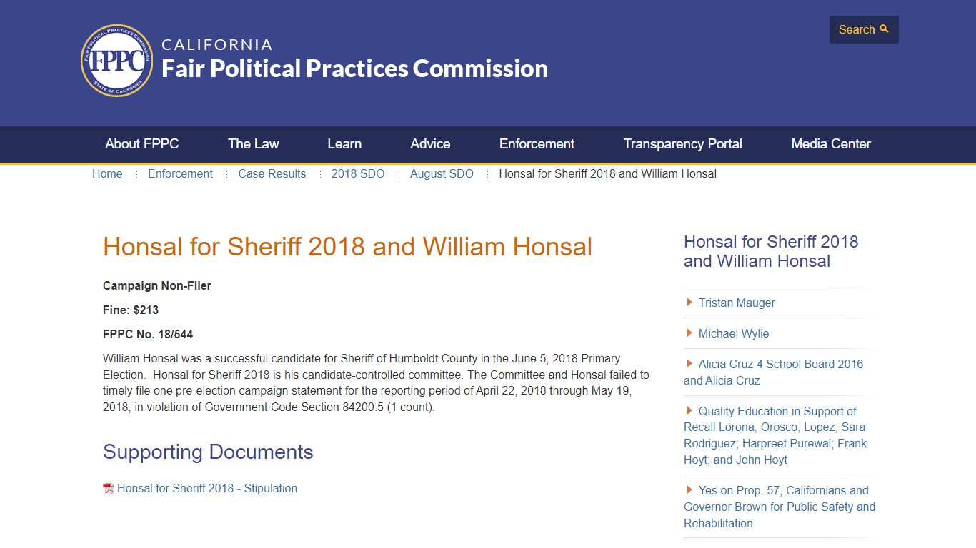 Honsal for Sheriff 2018 and William Honsal - fppc.ca.gov